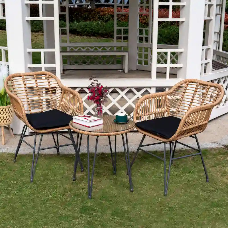 Ensemble de conversation en osier pour l'extérieur avec coussins (3 pièces) - 21,26 L x 23,62 l x 31,5 H