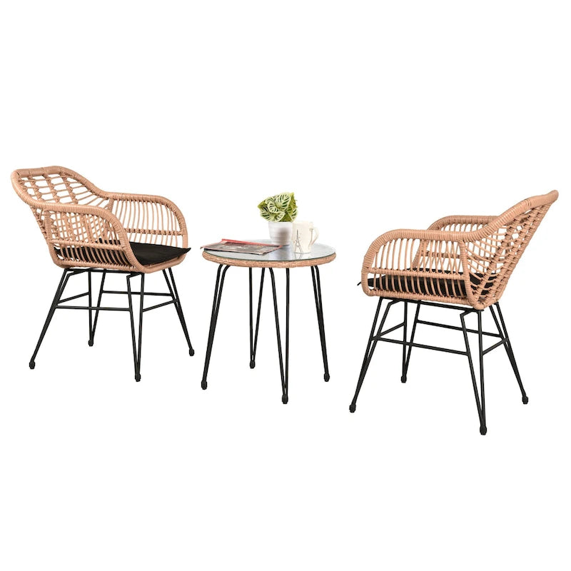 Ensemble de conversation en osier pour l'extérieur avec coussins (3 pièces) - 21,26 L x 23,62 l x 31,5 H