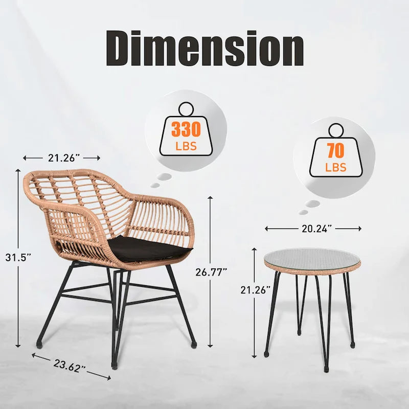 Ensemble de conversation en osier pour l'extérieur avec coussins (3 pièces) - 21,26 L x 23,62 l x 31,5 H
