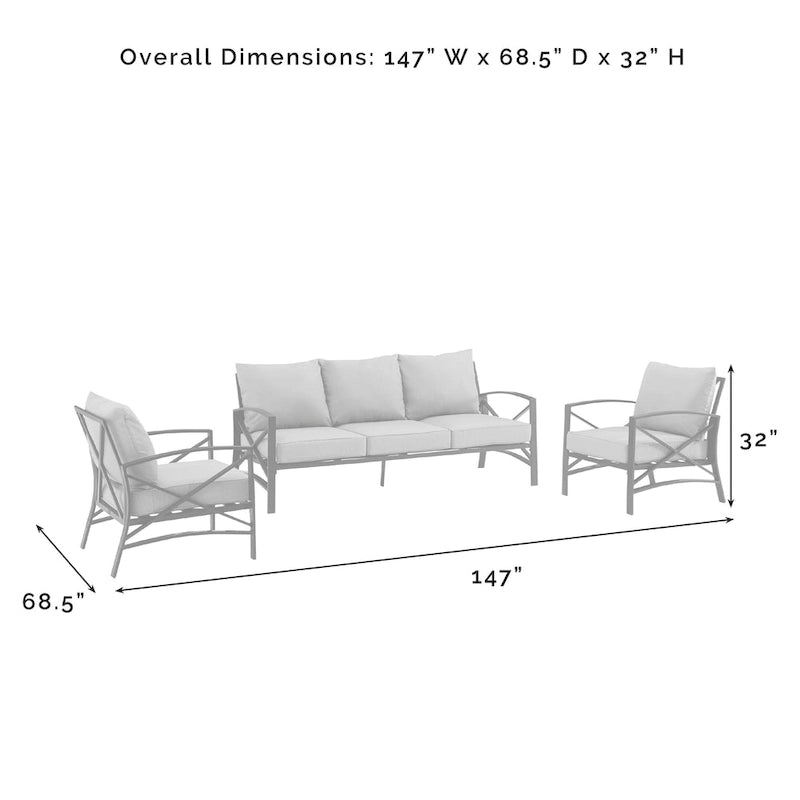 Ensemble de canapé d'extérieur 3 pièces Crosley Kaplan – 147 L x 68,5 P x 32 H