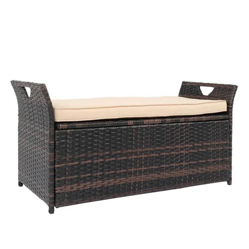 Banc de rangement en osier PE de 33 gallons pour patio avec coussin