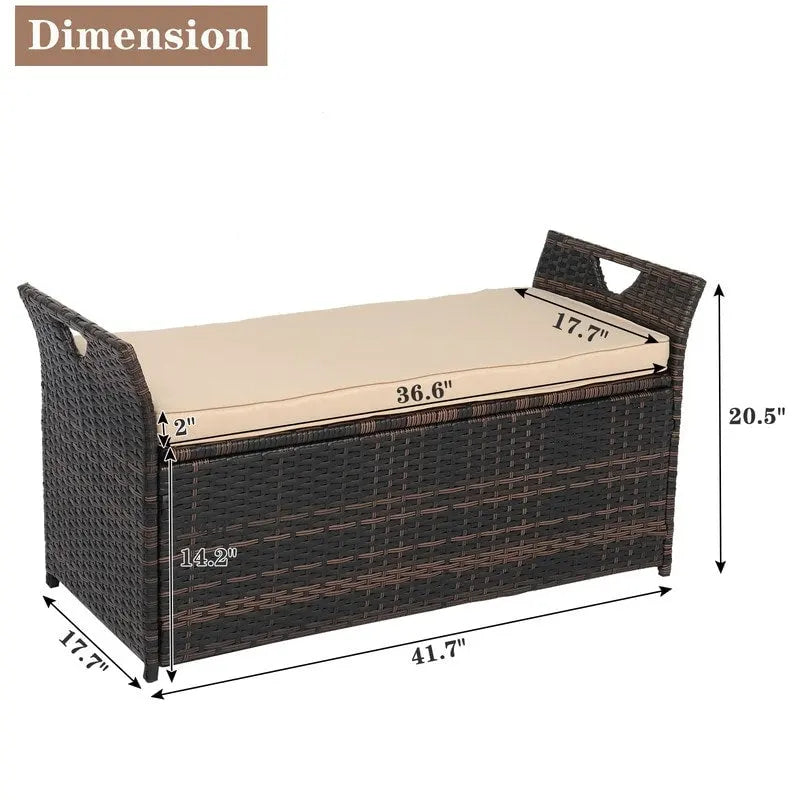 Banc de rangement en osier PE de 33 gallons pour patio avec coussin