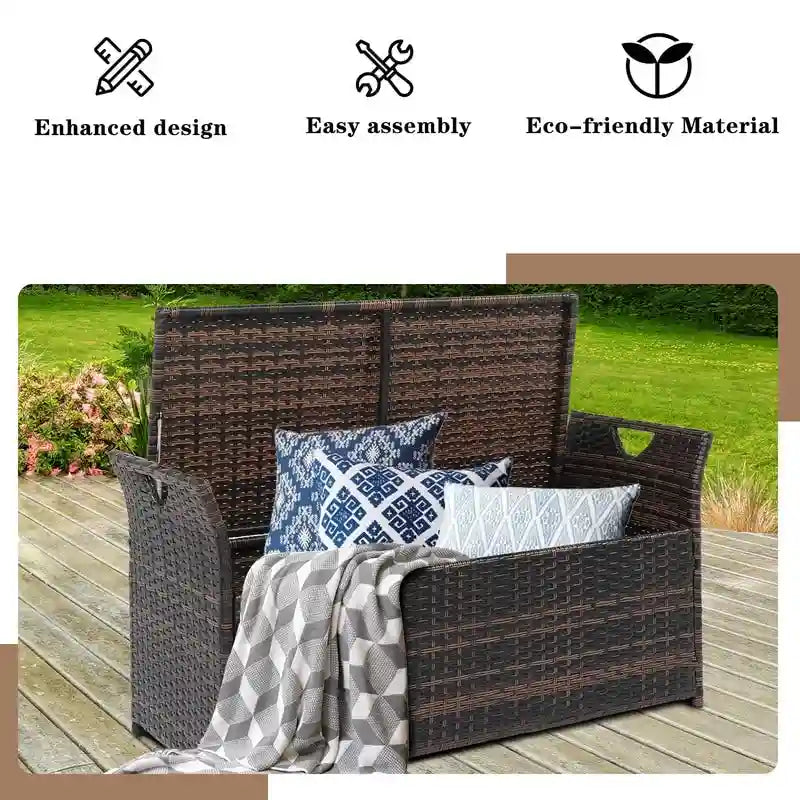 Banc de rangement en osier PE de 33 gallons pour patio avec coussin