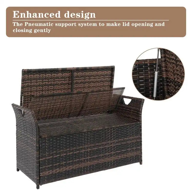 Banc de rangement en osier PE de 33 gallons pour patio avec coussin