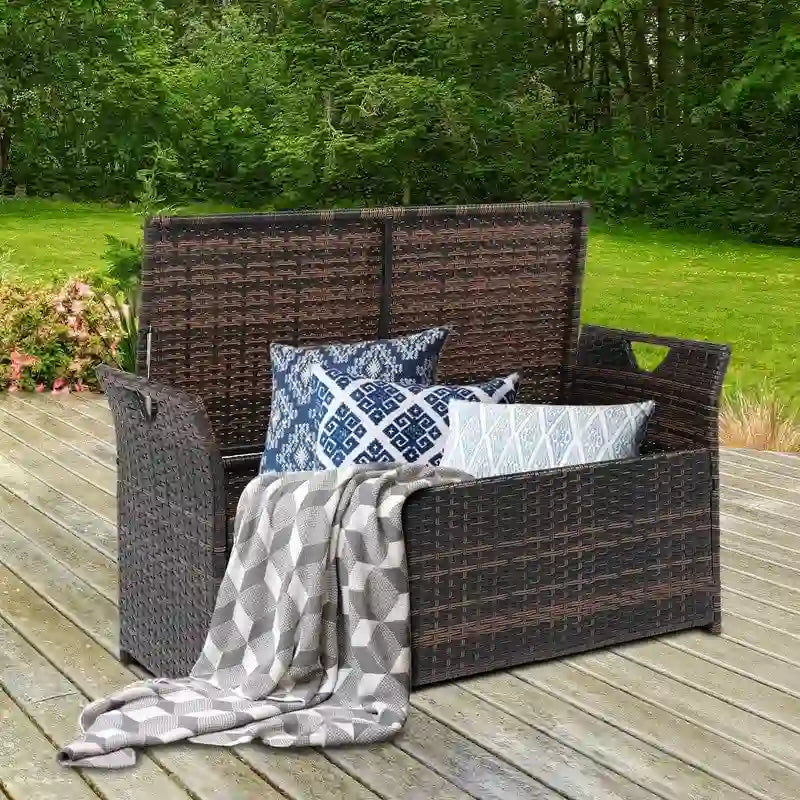 Banc de rangement en osier PE de 33 gallons pour patio avec coussin
