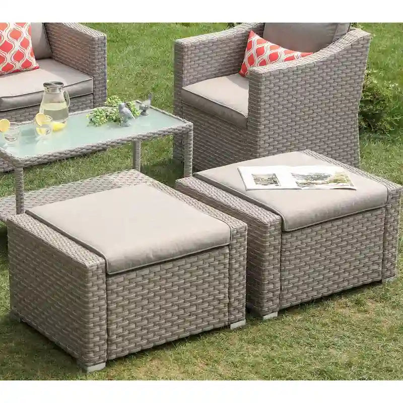 COSIEST Wicker Outdoor Ottomans with Side Table - Set of 2