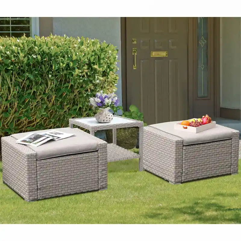 COSIEST Ottomans d'extérieur en osier avec table d'appoint - Lot de 2