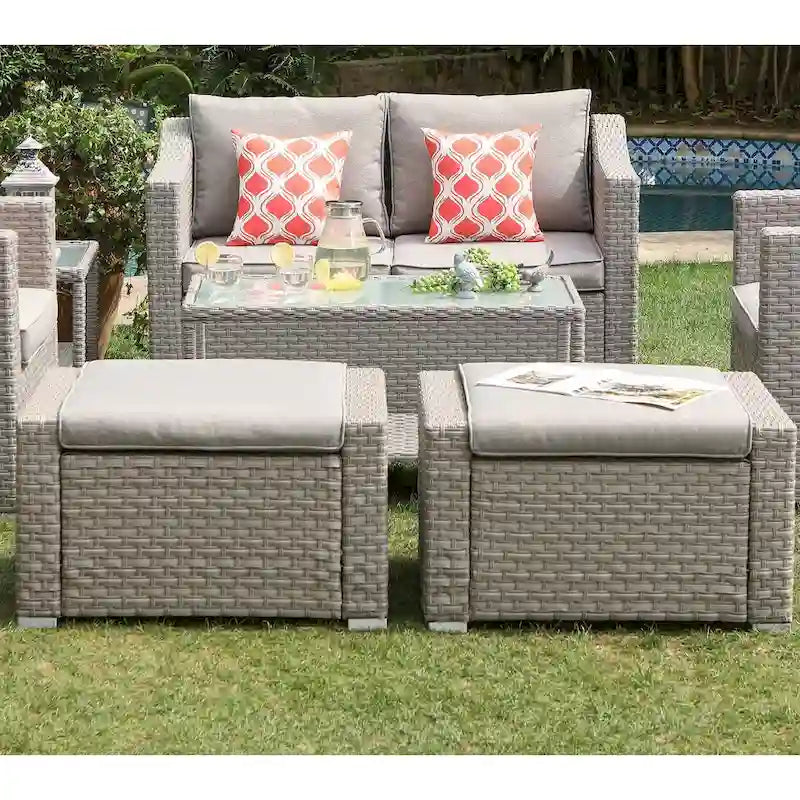 COSIEST Ottomans d'extérieur en osier avec table d'appoint - Lot de 2