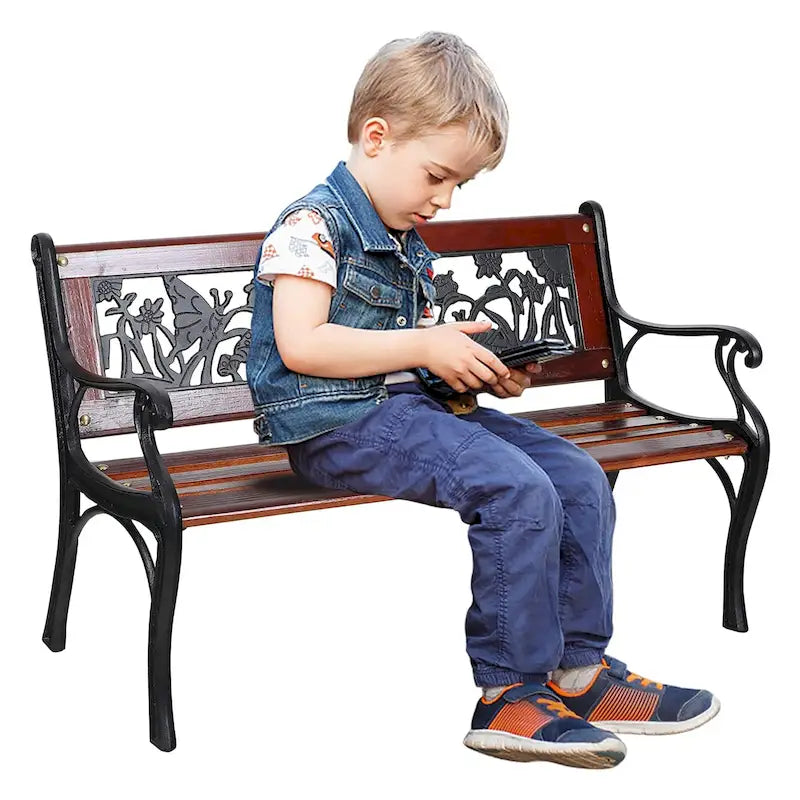 Banc de jardin extérieur pour enfants MAISON ARTS, banc en métal de 83,8 cm avec assise en bois et dossier à motifs floraux