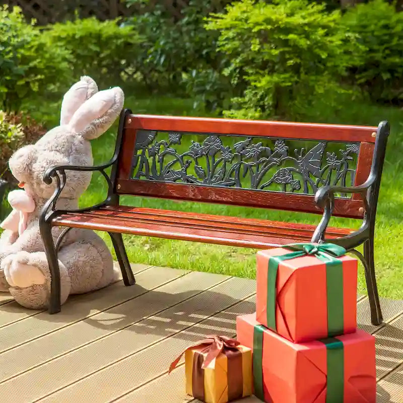 MAISON ARTS Outdoor Garden Bench for Children, 33 L Metal Bench with Wood Seating & Floral Pattern Back