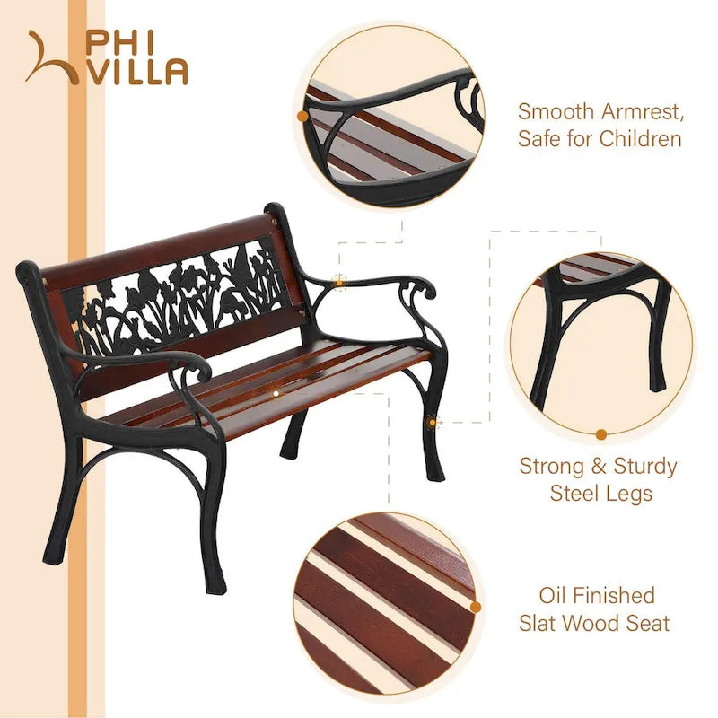 Banc de jardin extérieur pour enfants MAISON ARTS, banc en métal de 83,8 cm avec assise en bois et dossier à motifs floraux