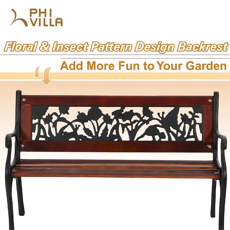 Banc de jardin extérieur pour enfants MAISON ARTS, banc en métal de 83,8 cm avec assise en bois et dossier à motifs floraux