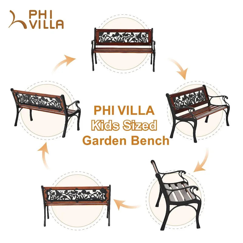 Banc de jardin extérieur pour enfants MAISON ARTS, banc en métal de 83,8 cm avec assise en bois et dossier à motifs floraux