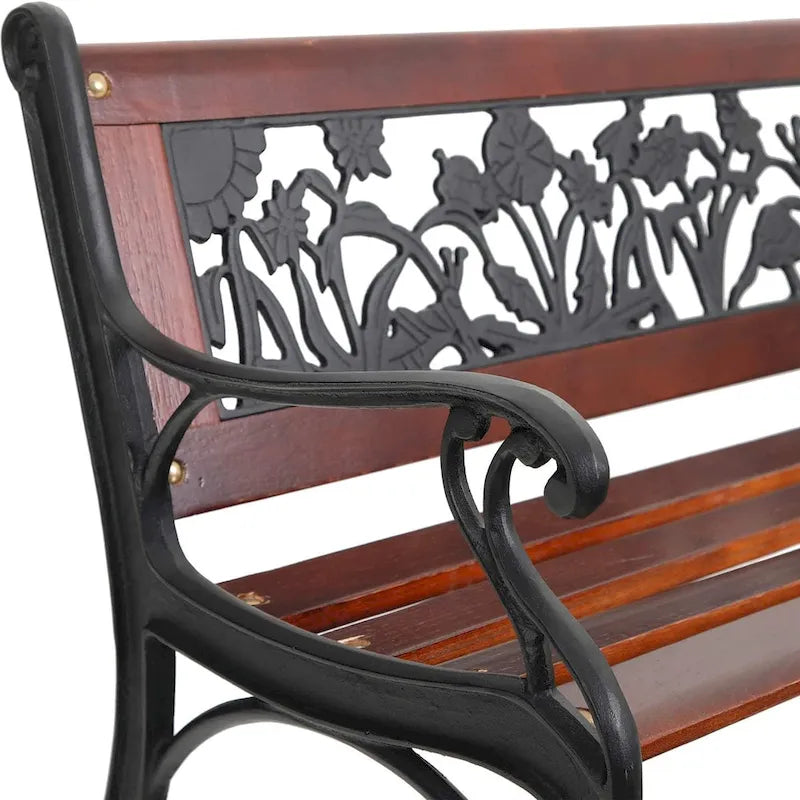 Banc de jardin extérieur pour enfants MAISON ARTS, banc en métal de 83,8 cm avec assise en bois et dossier à motifs floraux