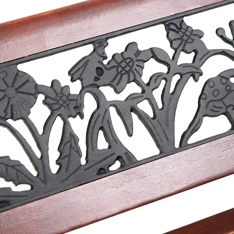 Banc de jardin extérieur pour enfants MAISON ARTS, banc en métal de 83,8 cm avec assise en bois et dossier à motifs floraux