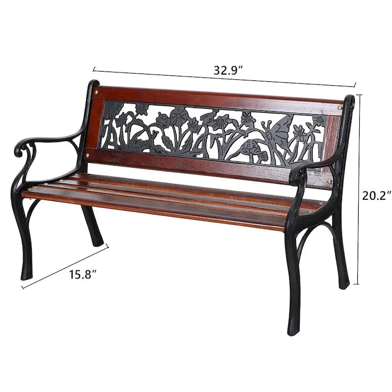 Banc de jardin extérieur pour enfants MAISON ARTS, banc en métal de 83,8 cm avec assise en bois et dossier à motifs floraux
