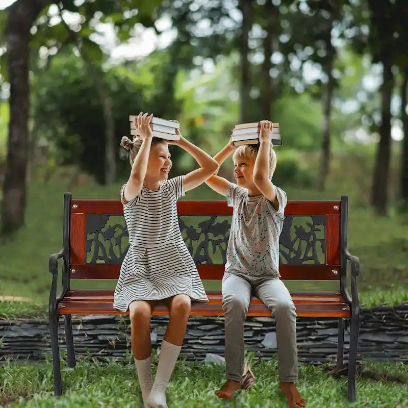 Banc de jardin extérieur pour enfants MAISON ARTS, banc en métal de 83,8 cm avec assise en bois et dossier à motifs floraux