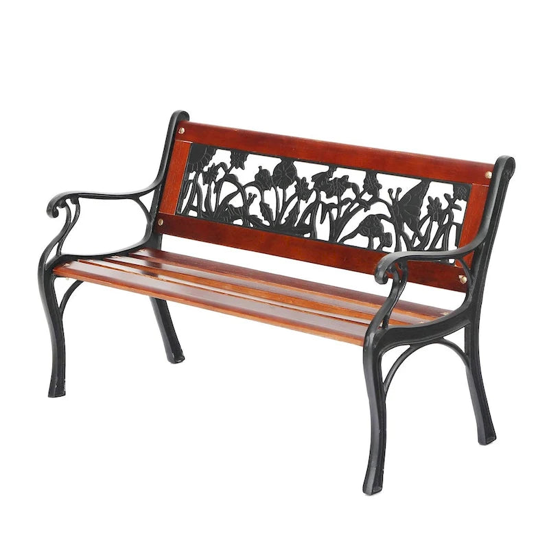 Banc de jardin extérieur pour enfants MAISON ARTS, banc en métal de 83,8 cm avec assise en bois et dossier à motifs floraux