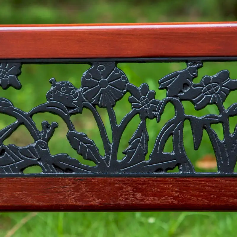 Banc de jardin extérieur pour enfants MAISON ARTS, banc en métal de 83,8 cm avec assise en bois et dossier à motifs floraux