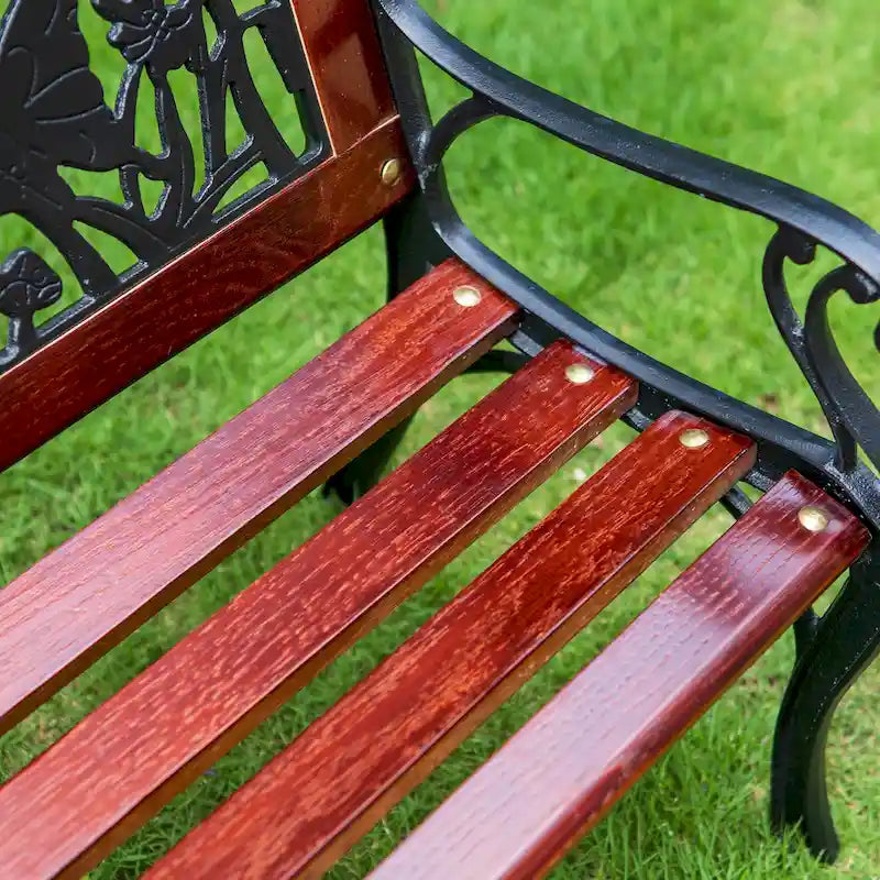 Banc de jardin extérieur pour enfants MAISON ARTS, banc en métal de 83,8 cm avec assise en bois et dossier à motifs floraux