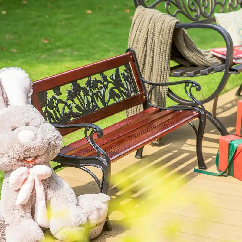 Banc de jardin extérieur pour enfants MAISON ARTS, banc en métal de 83,8 cm avec assise en bois et dossier à motifs floraux