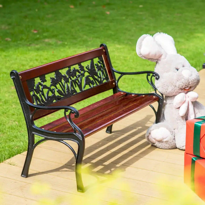 Banc de jardin extérieur pour enfants MAISON ARTS, banc en métal de 83,8 cm avec assise en bois et dossier à motifs floraux