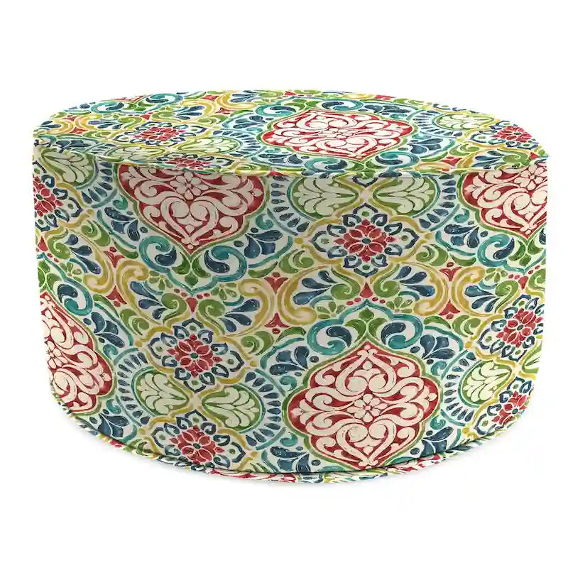 24 Round Multicolor Damask Round Outdoor Pouf Ottoman with Welt - 24D x 13.5 H
