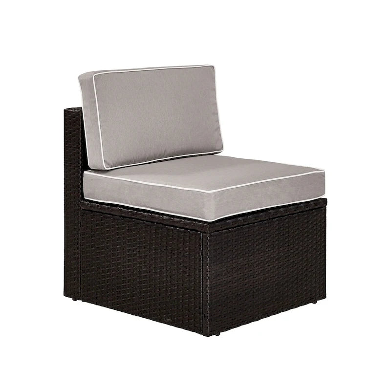 Chaise centrale en osier d'extérieur Palm Harbor marron avec coussins gris - 30,5 H x 23 L x 26,5 P