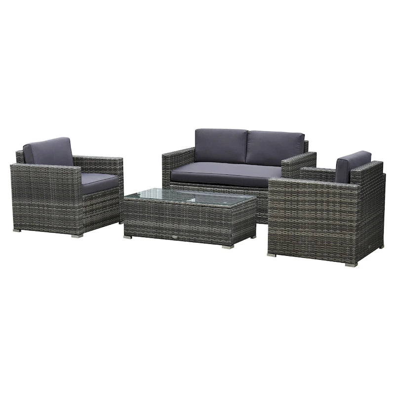 Ensemble de mobilier de patio 4 pièces Outsunny avec dossier, ensemble de mobilier de patio en rotin PE avec coussins épais