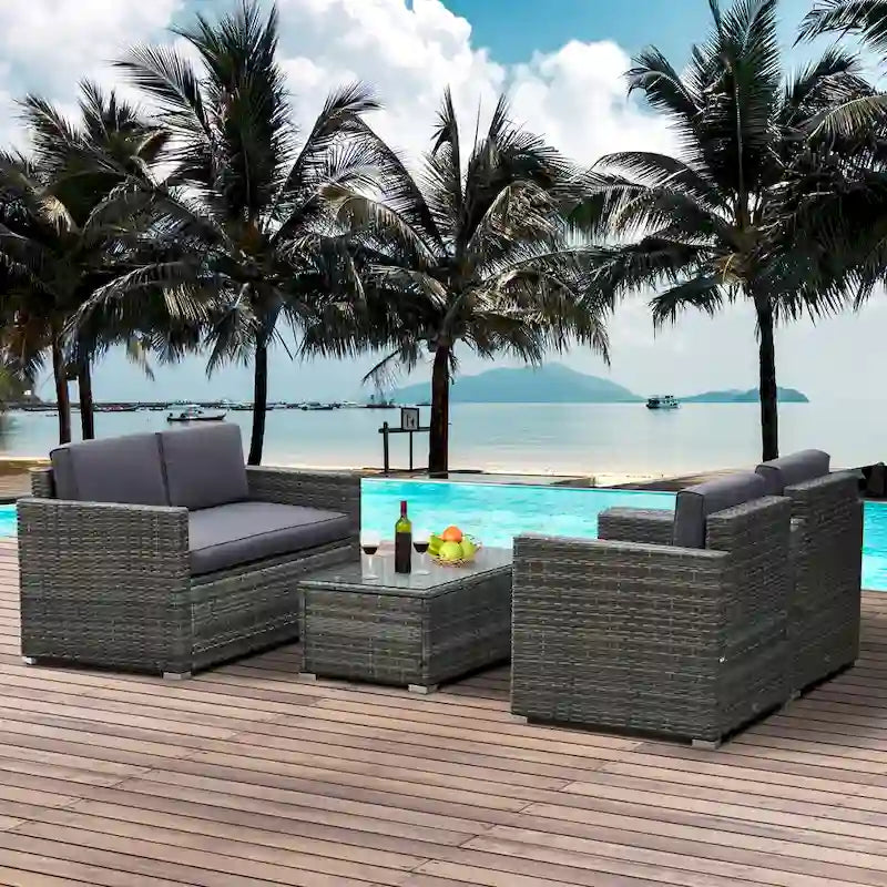 Ensemble de mobilier de patio 4 pièces Outsunny avec dossier, ensemble de mobilier de patio en rotin PE avec coussins épais