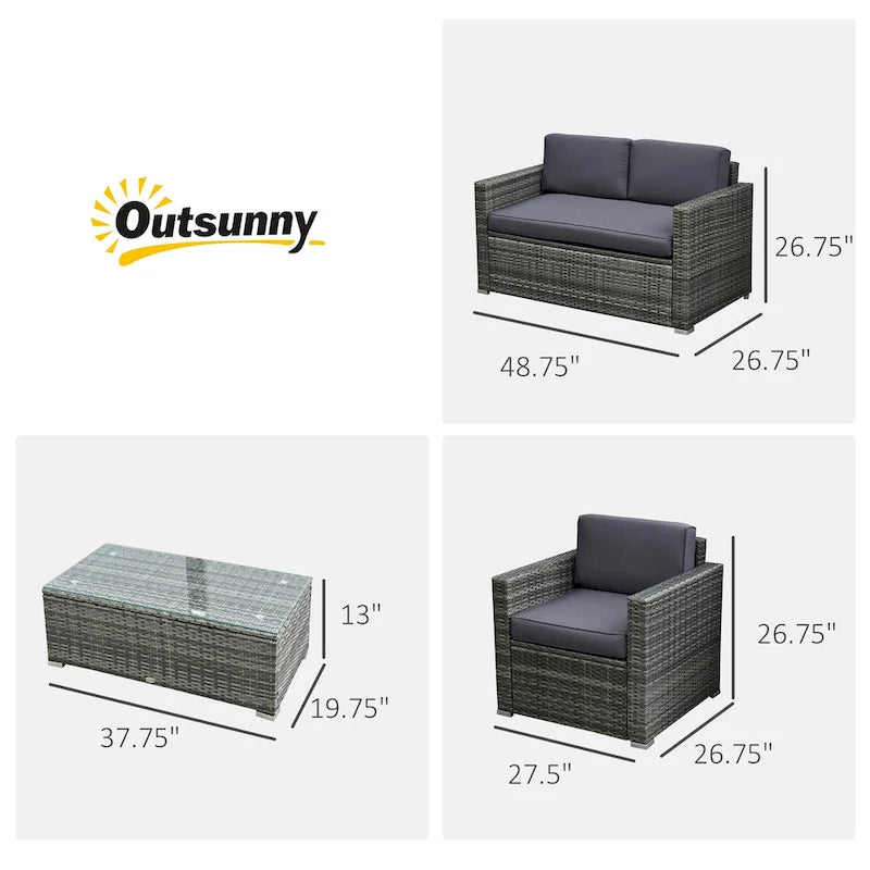 Ensemble de mobilier de patio 4 pièces Outsunny avec dossier, ensemble de mobilier de patio en rotin PE avec coussins épais