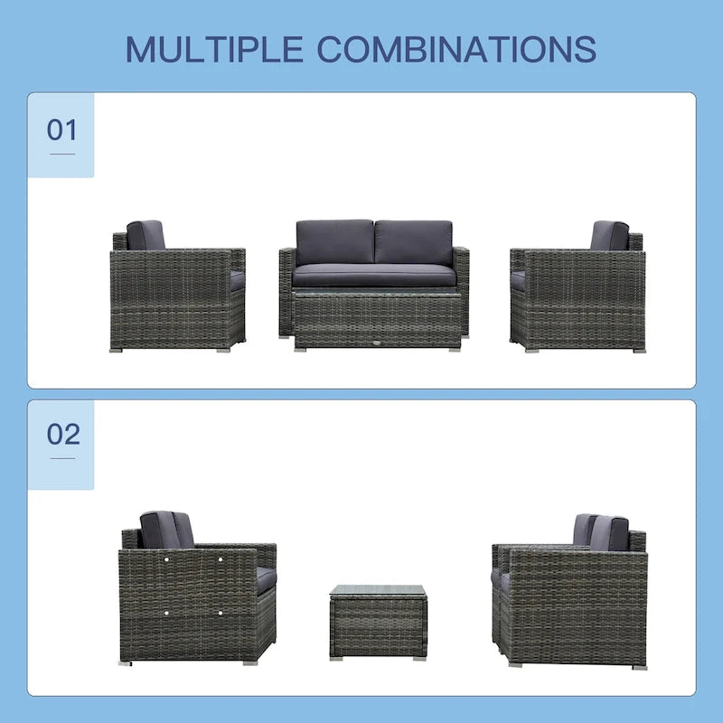 Ensemble de mobilier de patio 4 pièces Outsunny avec dossier, ensemble de mobilier de patio en rotin PE avec coussins épais
