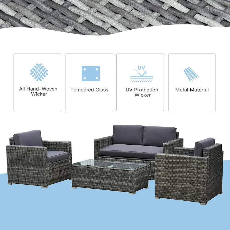 Ensemble de mobilier de patio 4 pièces Outsunny avec dossier, ensemble de mobilier de patio en rotin PE avec coussins épais