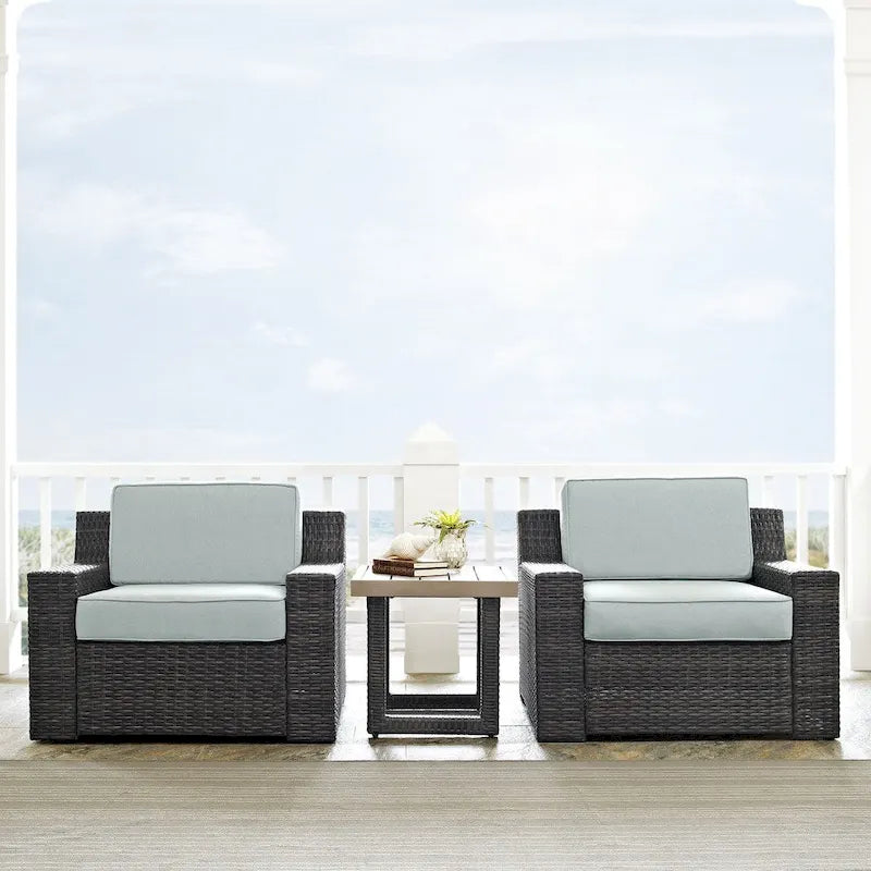 Beaufort 3 pc Outdoor Wicker Seating Set with Mist Cushion - Loveseat, Chair, Coffee Table - 69 W x 37 D x31.5 H