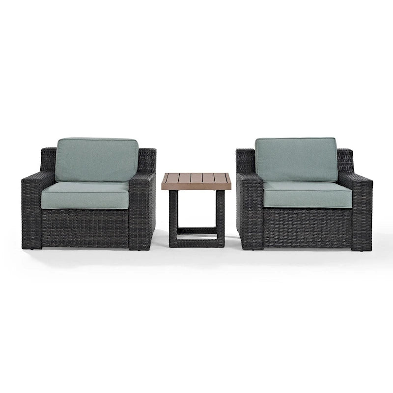 Ensemble de sièges d'extérieur 3 pièces en osier Beaufort avec coussins Mist - Canapé deux places, fauteuil, table basse - 69 L x 37 P x 31,5 H