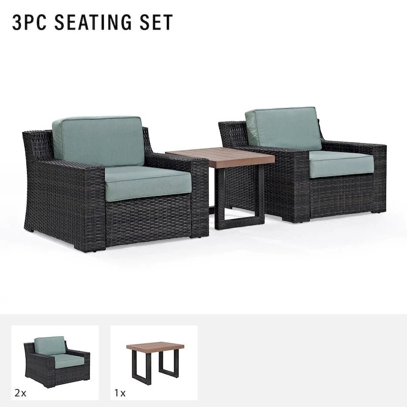 Ensemble de sièges d'extérieur 3 pièces en osier Beaufort avec coussins Mist - Canapé deux places, fauteuil, table basse - 69 L x 37 P x 31,5 H