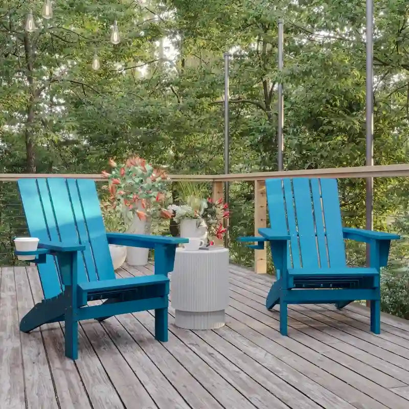 Set of 2 Commercial All-Weather Adirondack Chairs with Cupholders
