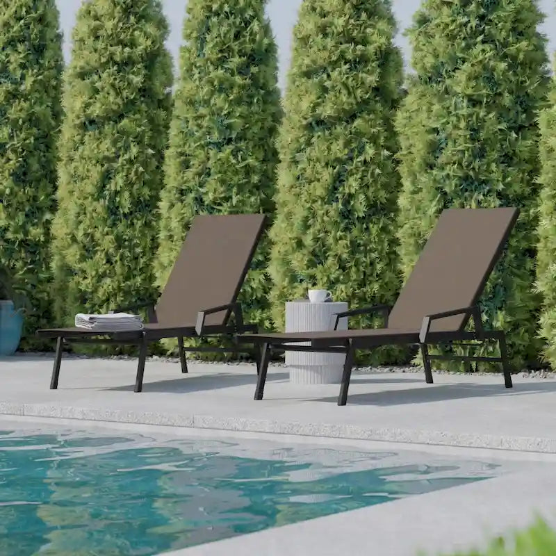Set of 2 All-Weather Textilene Adjustable Chaise Lounge Chairs with Arms