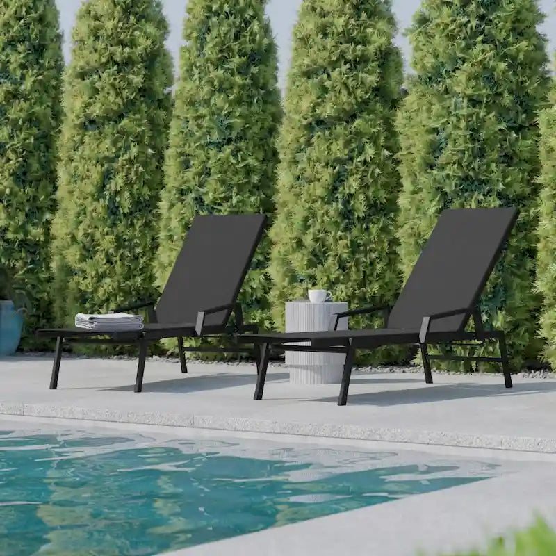 Lot de 2 chaises longues réglables en textilène toutes saisons avec accoudoirs