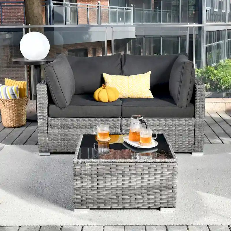 HOOOWOOO 3-piece Patio Wicker Outdoor Sofa Set with Coffee Table