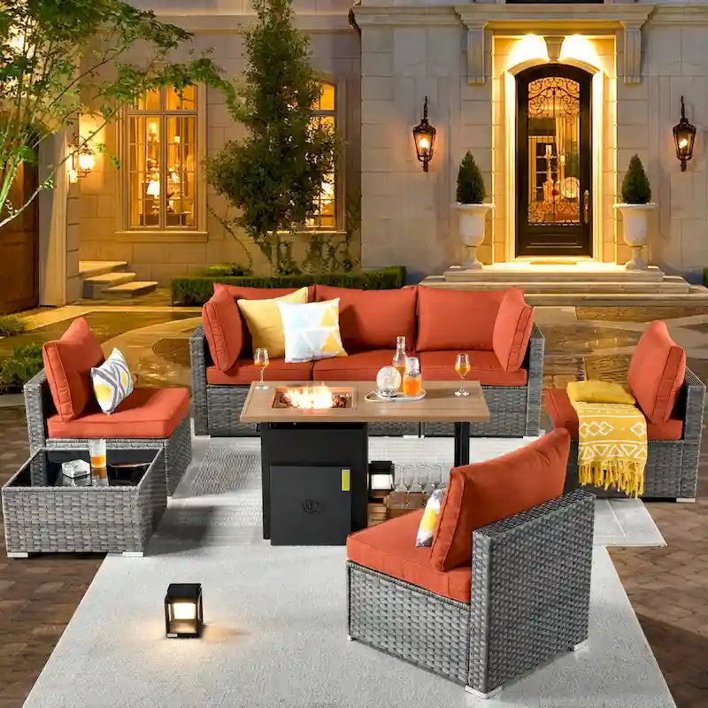 XIZZI 8-piece Outdoor Furniture Patio Wicker Sofa Set with Fire Pit