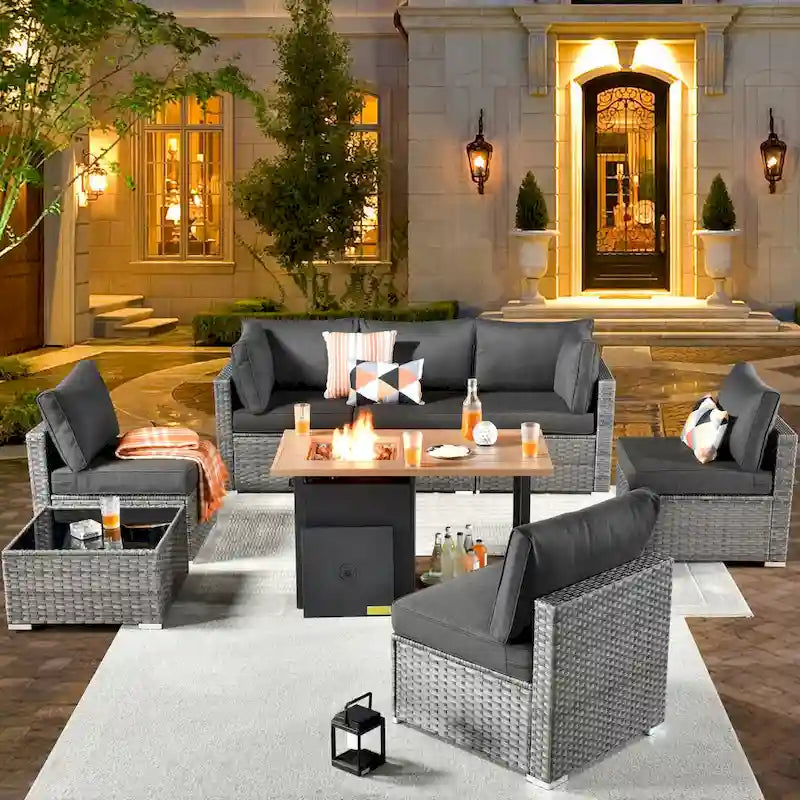 Ensemble de canapés de patio en osier XIZZI 8 pièces pour l'extérieur avec foyer