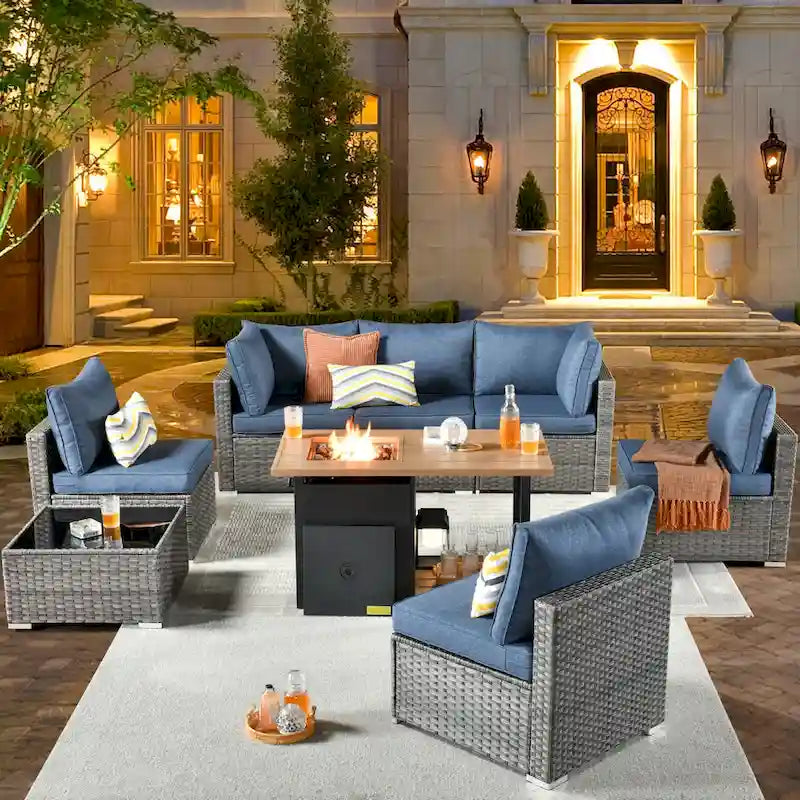 Ensemble de canapés de patio en osier XIZZI 8 pièces pour l'extérieur avec foyer