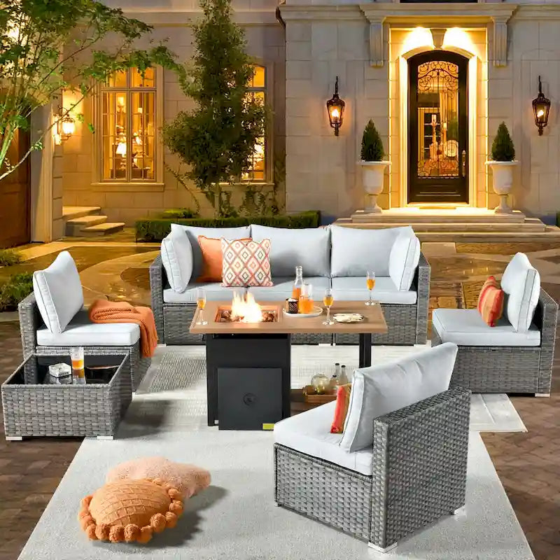Ensemble de canapés de patio en osier XIZZI 8 pièces pour l'extérieur avec foyer
