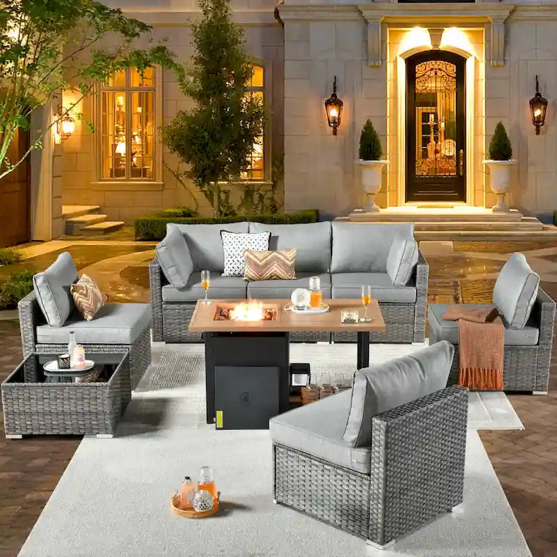 Ensemble de canapés de patio en osier XIZZI 8 pièces pour l'extérieur avec foyer
