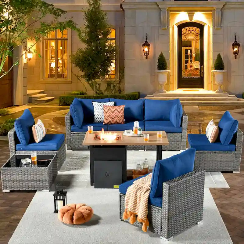 Ensemble de canapés de patio en osier XIZZI 8 pièces pour l'extérieur avec foyer