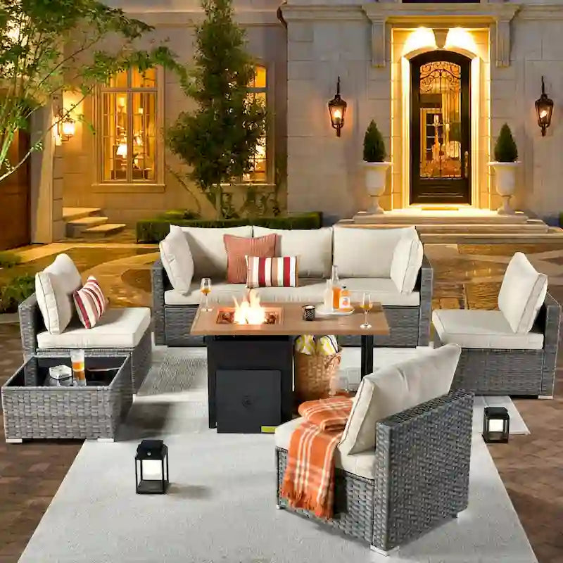Ensemble de canapés de patio en osier XIZZI 8 pièces pour l'extérieur avec foyer