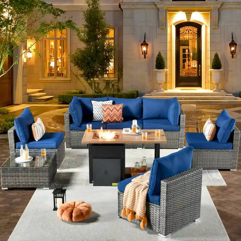 Ensemble de canapés de patio en osier XIZZI 8 pièces pour l'extérieur avec foyer