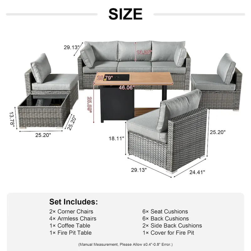 Ensemble de canapés de patio en osier XIZZI 8 pièces pour l'extérieur avec foyer