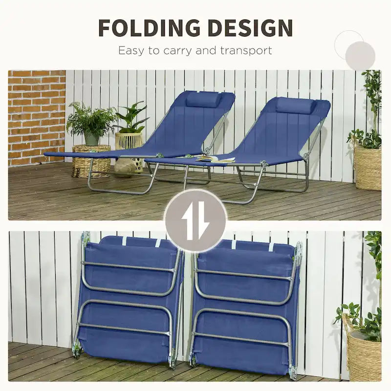 Outsunny Lot de 2 Chaises Longues Pliantes, Chaises de Piscine pour Bain de Soleil, Chaises Longues d'Extérieur avec Dossier Inclinable à 6 Positions